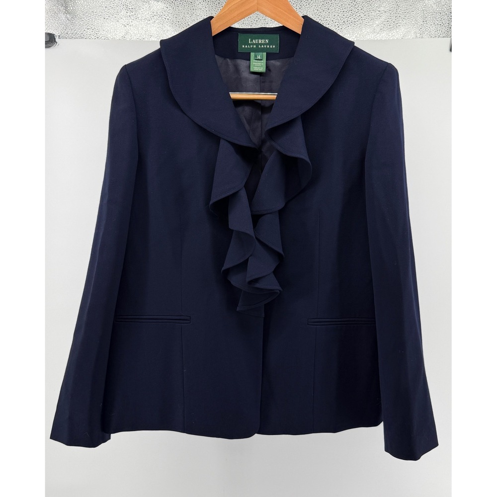 Ralph Lauren Size 14 Blazer Jacket Worsted Wool Ruffle Navy Blue Made in USA